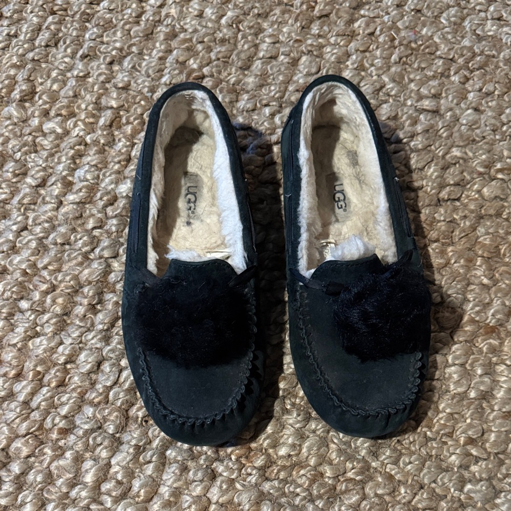 UGG Black Moccasin Slippers with Fur Detail